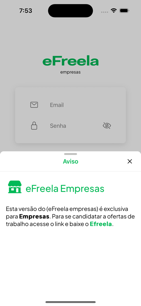 eFreela - Empresas - Login screen of the eFreela Empresas business app with email and password fields and a notice for employers