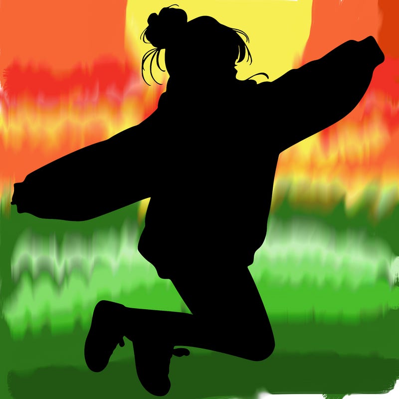 realistic girl jumping with a bun and oversized sweatshirt