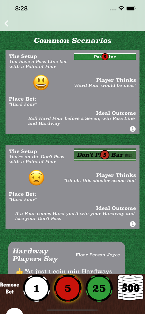 Learn Craps - Educational screen in Learn Craps app explaining common betting scenarios like Pass Line and Don't Pass bets with potential outcomes.