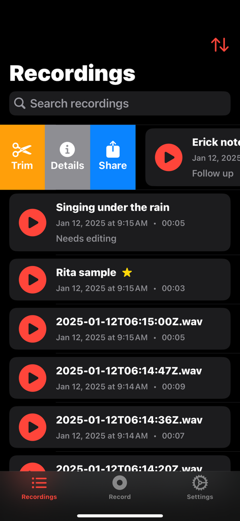 Audio Recorder Pro list of voice recordings showing management options for trimming and sharing.
