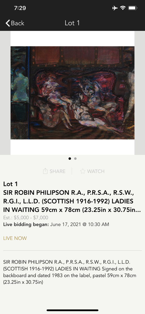 International Art Centre - Detailed view of an auction lot featuring a painting by Sir Robin Philipson in the International Art Centre app