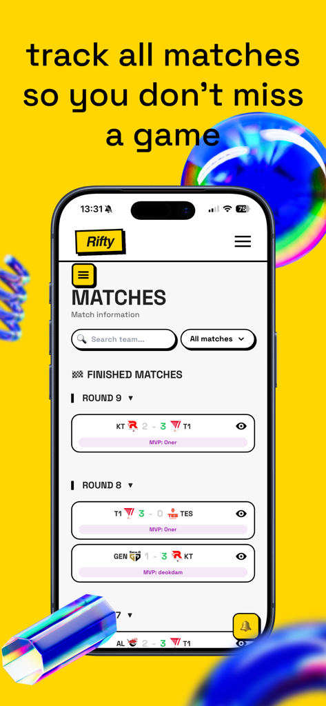 RIFTY - RIFTY app showing League of Legends match scores and MVP awards