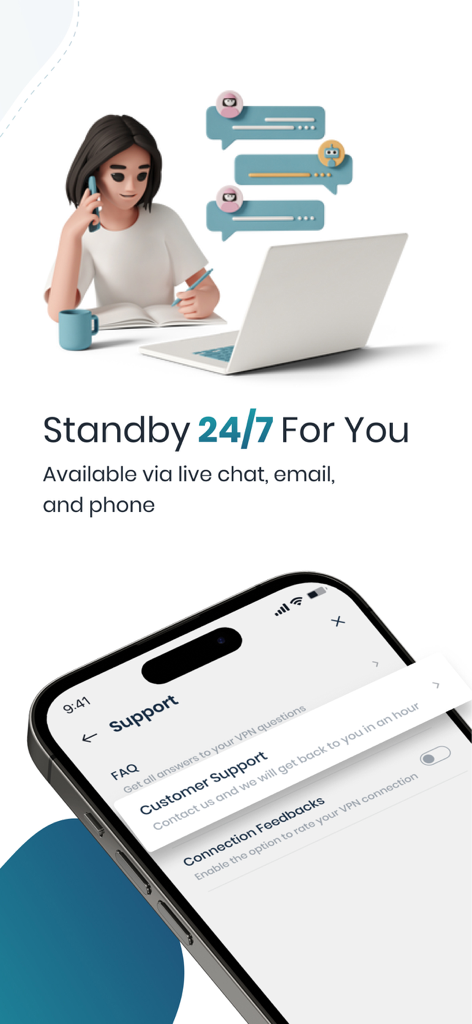 CopVPN - Fast & Secure VPN - Interfaz de la aplicación CopVPN que muestra opciones de soporte al cliente 24/7 a través de chat, correo electrónico y teléfono.