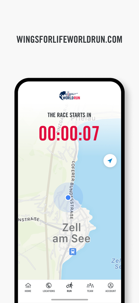 Wings for Life World Run app interface showing a countdown timer to a race and a GPS map tracking location in Zell am See