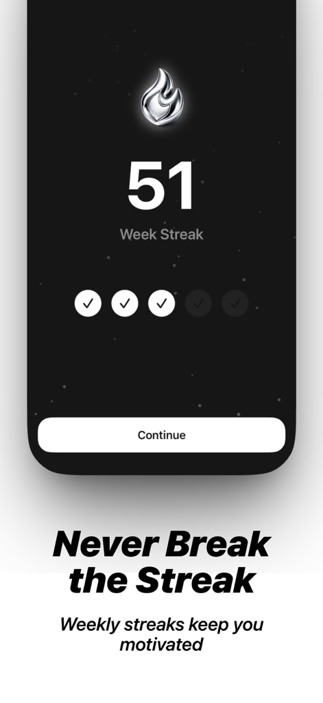Captura de pantalla de la aplicación Lift que muestra una racha de entrenamiento de cincuenta y una semanas para ayudar a los levantadores a mantenerse motivados