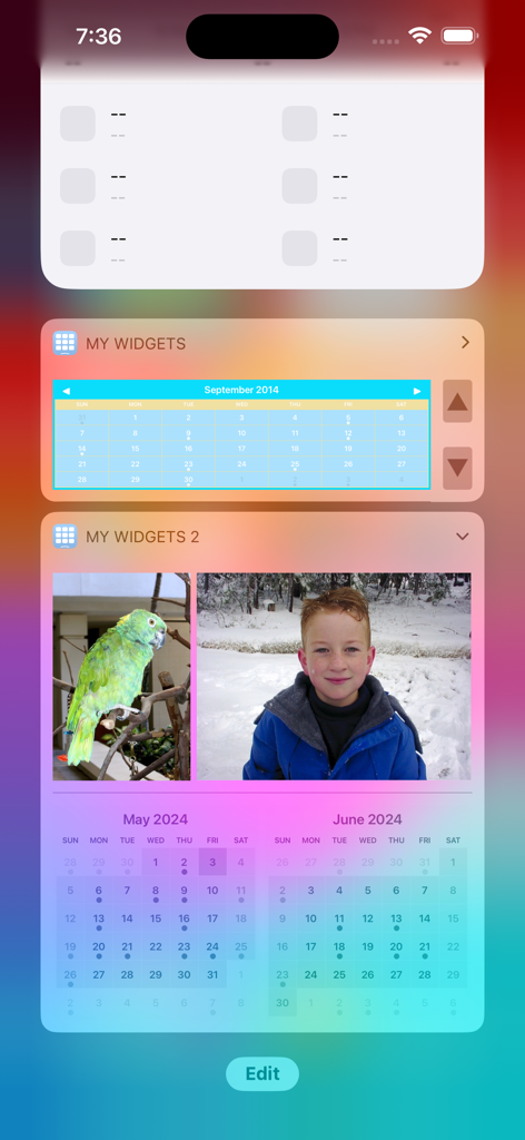 My Widgets - Pantalla de iPhone mostrando widgets personalizados de calendario y fotos de la aplicación Mis Widgets