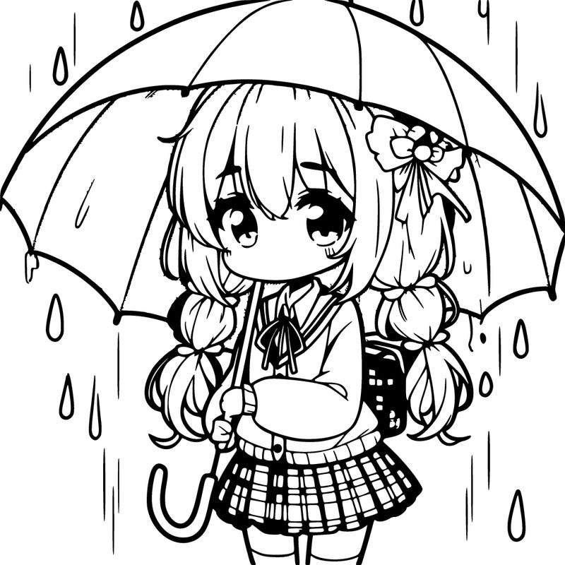 cute anime girl in the rain with an umbrella