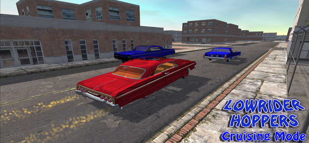 A red lowrider car driving through an urban city street in cruising mode.