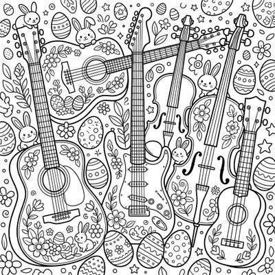 Harmonize your Easter celebrations with this delightful coloring page featuring guitars, violins, and cellos adorned with festive spring decorations. Discover playful bunnies and patterned eggs amidst a musical garden, ready for your creative colors.
