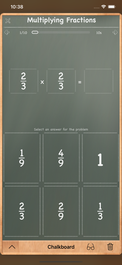 Multiplying fractions problem on a chalkboard themed educational app interface