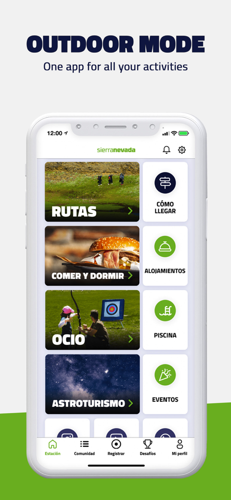 Sierra Nevada - Pantalla de la app móvil de Sierra Nevada mostrando el menú del modo exterior para actividades de verano y servicios del resort