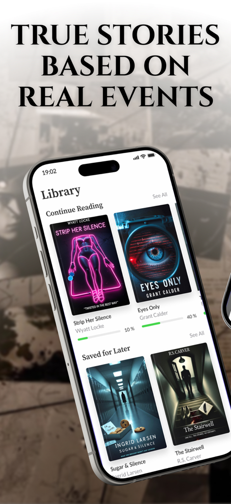 BookTok: Mystery Crime Novels - Pantalla de iPhone que muestra la biblioteca de la aplicación BookTok Mystery and Crime Novels con varias portadas de libros de thriller como Strip Her Silence y Eyes Only.