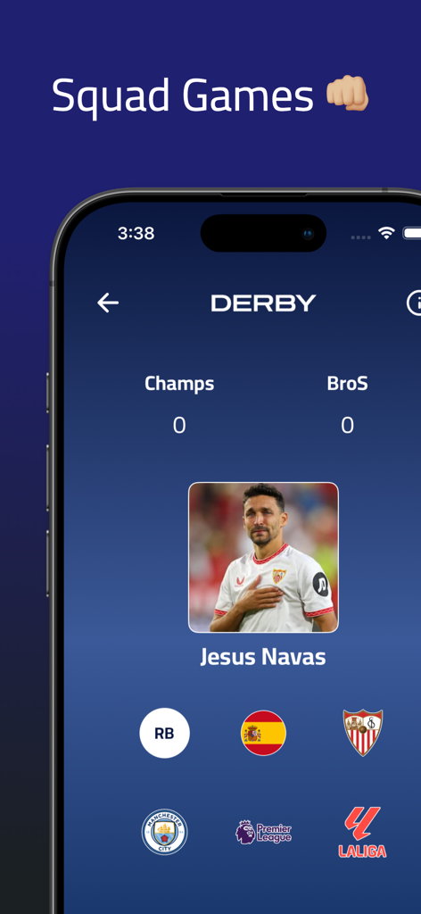 Derby: Football Trivia - ダービー フットボール トrivia のモバイル画面。様々なクラブやリーグのロゴが付いたヘスス・ナバスの選手認識クイズが表示されている。