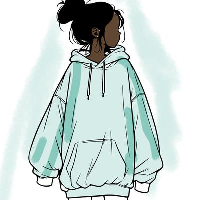 realistic girl with a oversized sweatshirt on and a bun