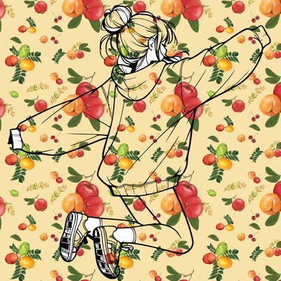 realistic girl jumping with a bun and oversized sweatshirt