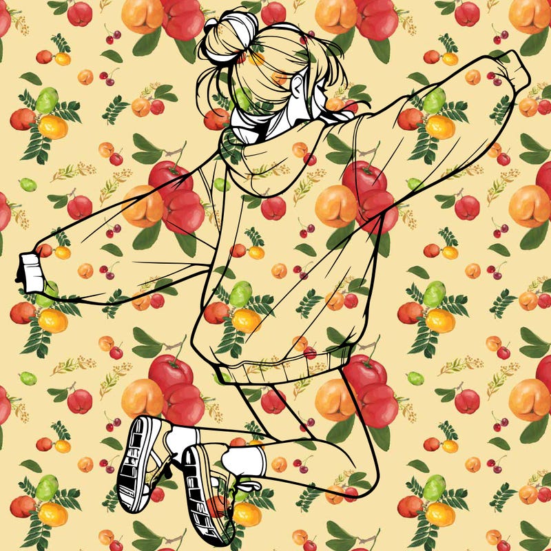 realistic girl jumping with a bun and oversized sweatshirt