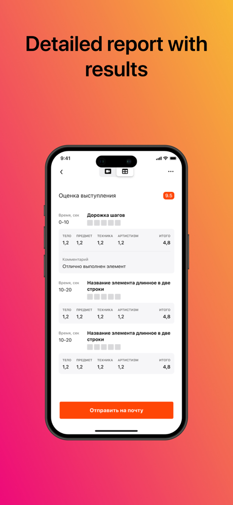 Vika – Gymnastics Judge - A detailed gymnastics performance report on the Vika app showing scores for technique and artistry