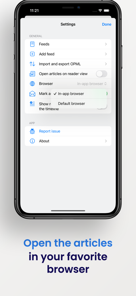 FeedFlow - RSS Reader - FeedFlow app settings menu showing browser selection options for opening articles