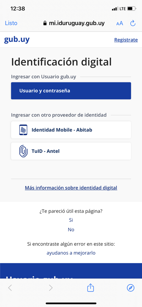 Pantalla de inicio de sesión de la aplicación DGI Uruguay que muestra opciones de identificación digital a través de Gub.uy, Abitab y Antel