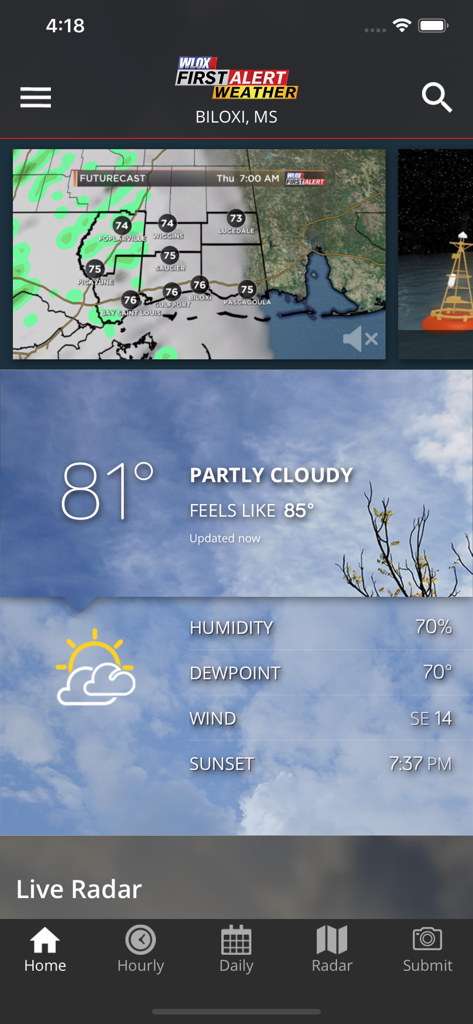 WLOX Weather - WLOX Weather app interface showing current temperature and radar map for Biloxi Mississippi