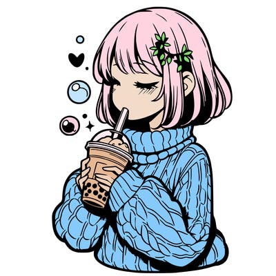 manga girl drinking boba in cozy sweater