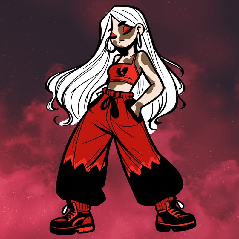 girl in baggy pants crop top and long hair