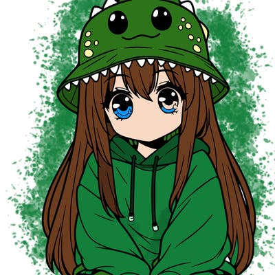 girl with anime shaped eyes with a dinosaur bucket hat oversized sweatshirt long straight hair