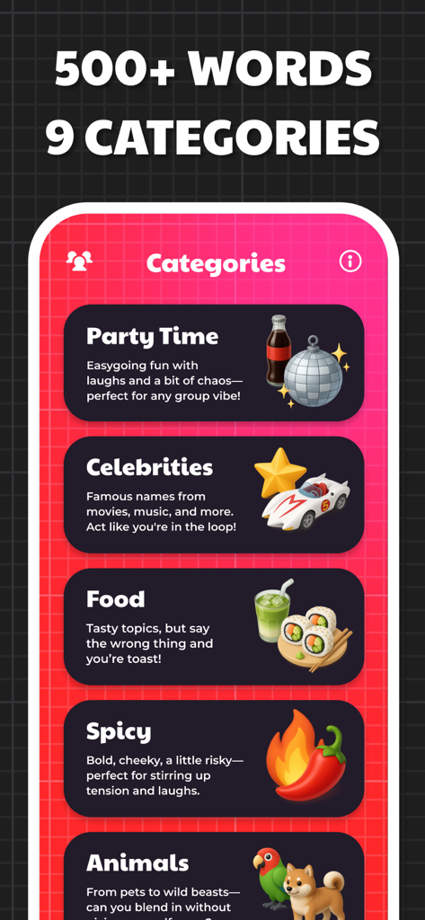 A list of game categories in the Fakeit app featuring Party Time, Celebrities, Food, and Spicy options.