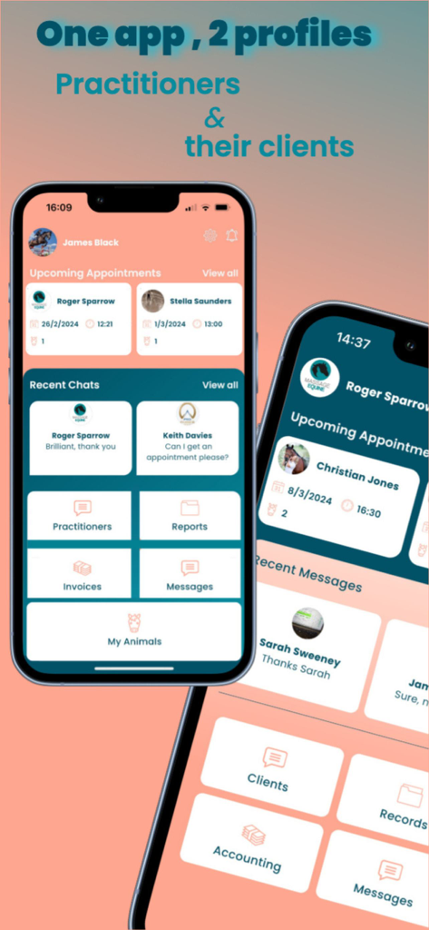 Equigate - Equigate app interface showing dual profiles for animal health practitioners and their clients