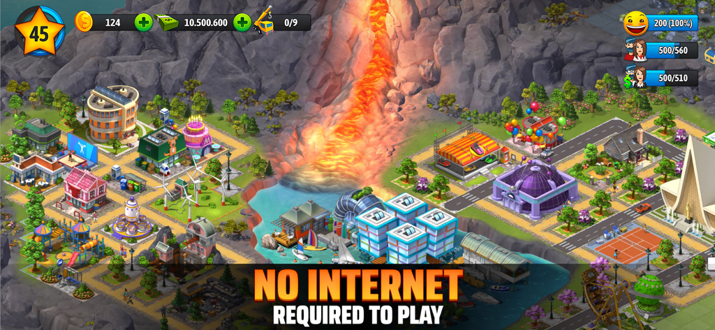 City Island 5: Building Sim - City Island 5 gameplay showing a developed city built next to a volcano with text stating no internet is required to play