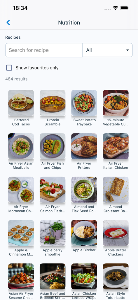 Benenden Health - Nutrition section of the Benenden Health app featuring a variety of healthy recipes.