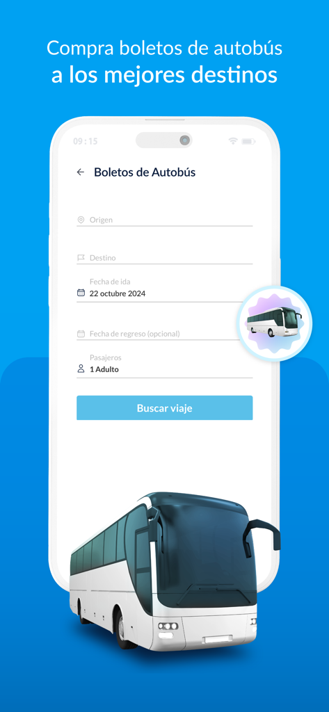 UnDosTres - Recargas y Pagos - メキシコの目的地へのバスチケット予約のためのモバイルアプリインターフェース