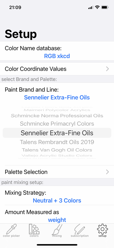 Real Paint mixing tools PRO - Setup screen for Real Paint mixing tools PRO showing brand selection for Sennelier Extra Fine Oils and mixing strategy options