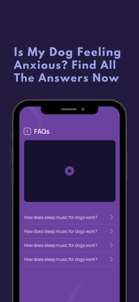 Relax My Dog : Calmly - FAQ screen of the Relax My Dog app explaining how sleep music helps with dog anxiety.
