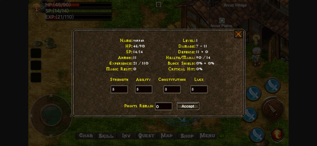 Menu des statistiques du personnage dans Arcuz Behind the Dark montrant le niveau et les attributs.