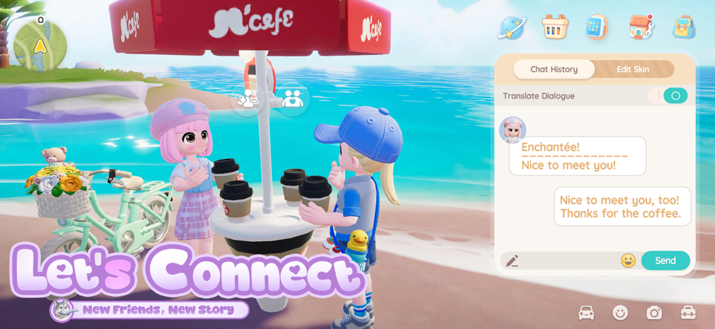 Deux personnages discutent et partagent un café à un stand en bord de mer à Heartopia.