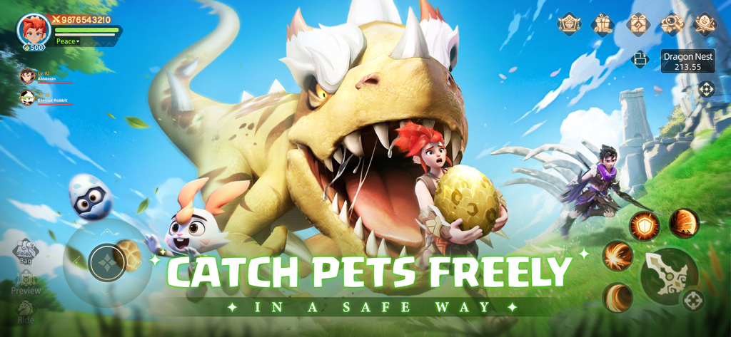 Huntopia：Fantasy RPG - Huntopia gameplay showing a character holding a golden egg next to a large yellow dragon and a rabbit pet