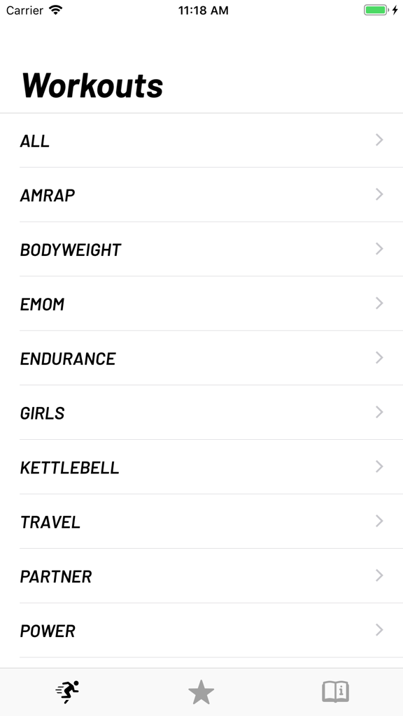 List of functional fitness workout categories in the Random WOD Generator app including AMRAP and EMOM