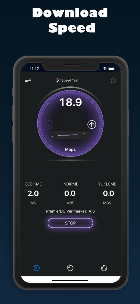 Interfaz de aplicación móvil que muestra una prueba de velocidad de descarga de Internet en tiempo real con un medidor circular.