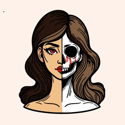 bust of a woman, half face and hair, half skull