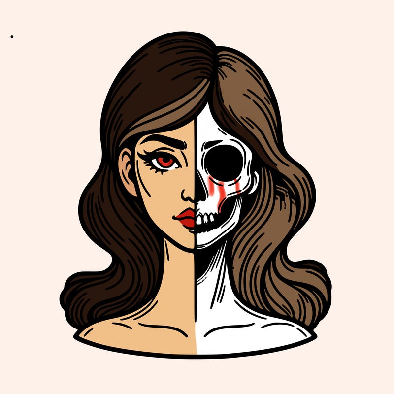 bust of a woman, half face and hair, half skull