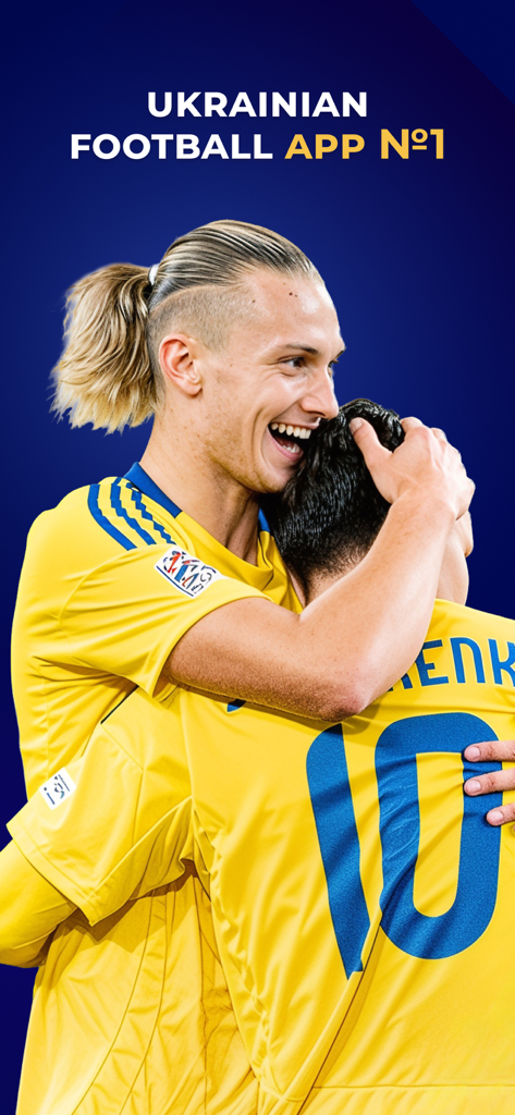 Jogadores de futebol ucranianos comemorando em camisas amarelas com o texto dizendo Aplicativo de Futebol Ucraniano Número 1