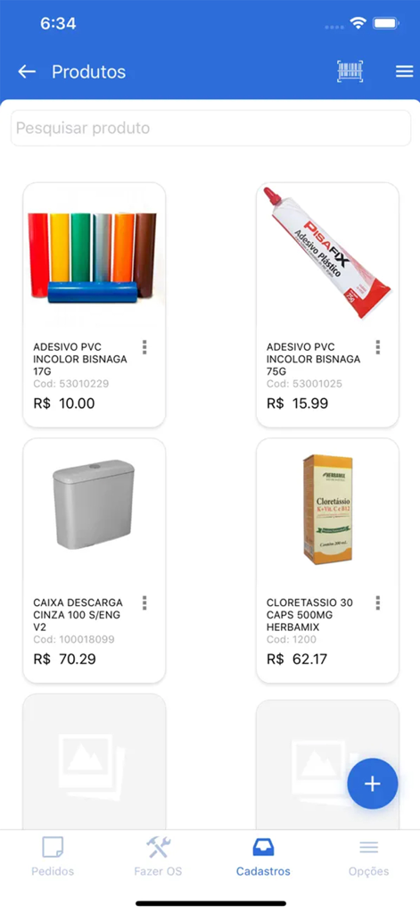 TagPlus app product catalog screen showing a list of items with their names codes and prices