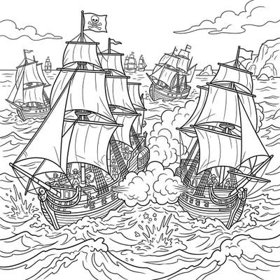 Set sail for adventure with this thrilling pirate naval battle coloring page, featuring majestic ships and dramatic cannon fire on the high seas. Bring this action-packed scene to life with your favorite colors and imagination.