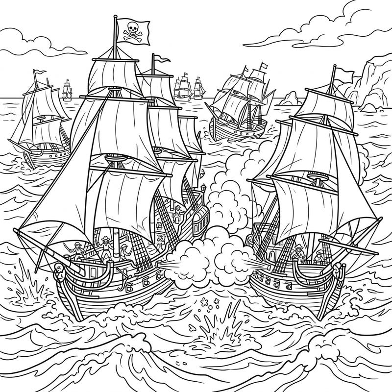 Set sail for adventure with this thrilling pirate naval battle coloring page, featuring majestic ships and dramatic cannon fire on the high seas. Bring this action-packed scene to life with your favorite colors and imagination.