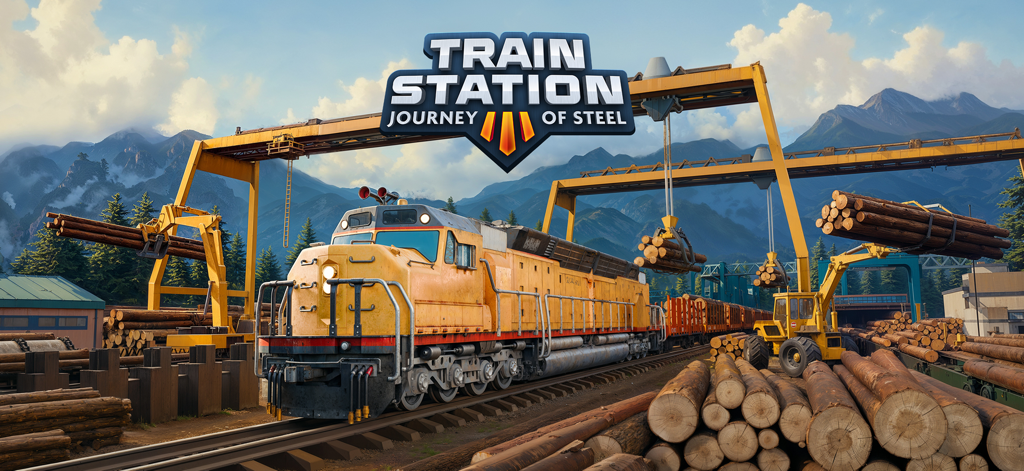 Train Station 3 - Una locomotiva diesel gialla in fase di caricamento di tronchi da parte di gru pesanti in un deposito di legname con montagne sullo sfondo.
