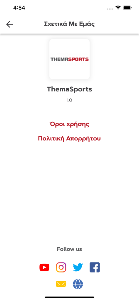 ThemaSports - ThemaSports app about us screen showing the logo, version 1.0, terms of use, privacy policy, and social media links.