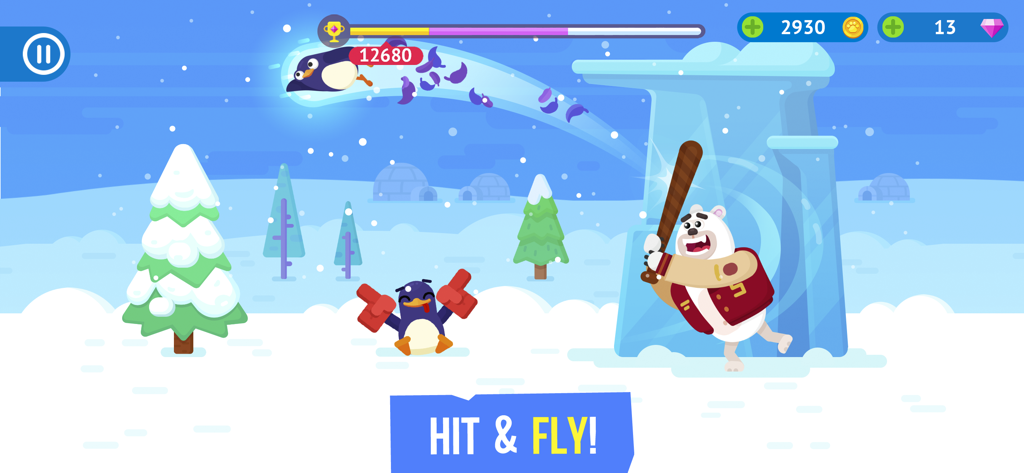 バウンスマスターズのアーケードゲームで、ホッキョクグマが野球バットでペンギンを打っている様子