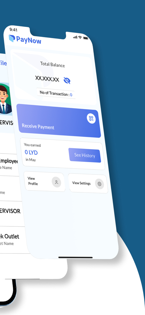 Interface d'application mobile pour Soft POS By fawri montrant le tableau de bord de paiement principal et l'historique des transactions sur un iPhone