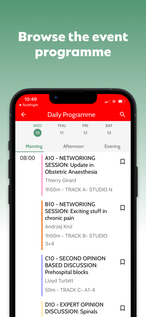 ESRA Congress 2025 - La interfaz de la aplicación ESRA Congress 2025 muestra el horario diario de la conferencia con sesiones matutinas y ponentes.